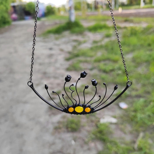 Yellow Glass Poppy Seed Pod Necklace – Blackened Copper