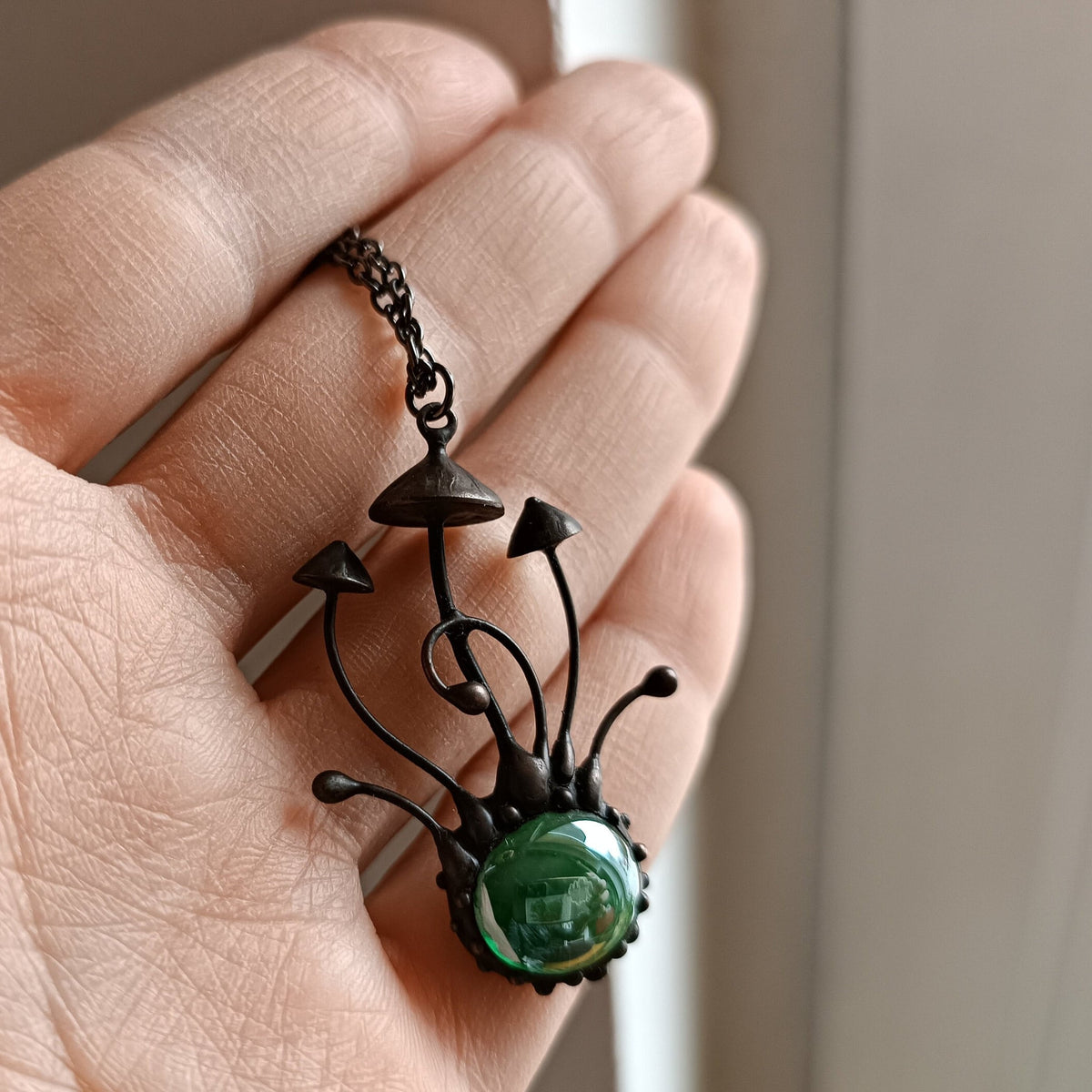 Green Glass Long Stem Mushroom Necklace – Blackened Copper