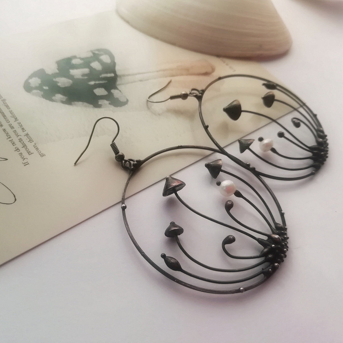 Pearl Mushroom Hoop Earrings – Blackened Copper Round Forest Dangles – Botanical