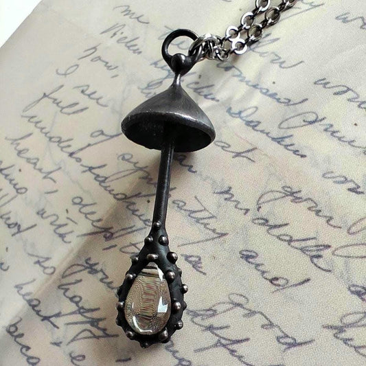 Clear Glass Mushroom Necklace – Blackened Copper & Pewter Forest