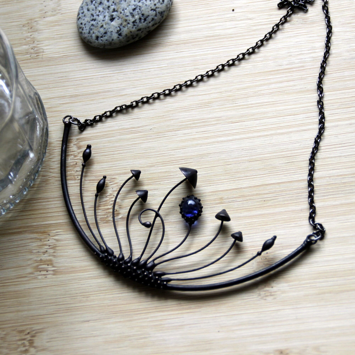 Blue Stained Glass Mushroom Statement Necklace – Blackened Copper