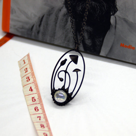 Clear Glass Mushroom Necklace – Blackened Copper & Pewter Oval Forest Pendant – Psychedelic