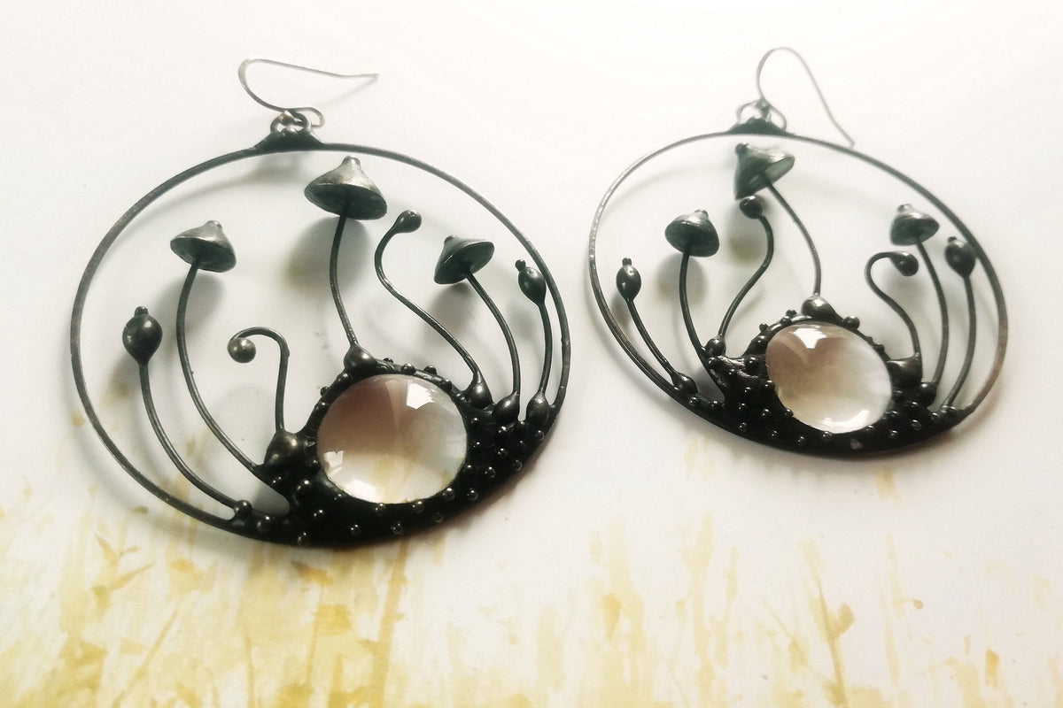 Clear Glass Mushroom Hoop Earrings – Blackened Copper Round Forest Dangles – Botanical