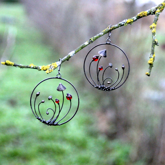 Red Glass Mushroom Hoop Earrings – Blackened Copper Forest Dangles – Psychedelic Botanical