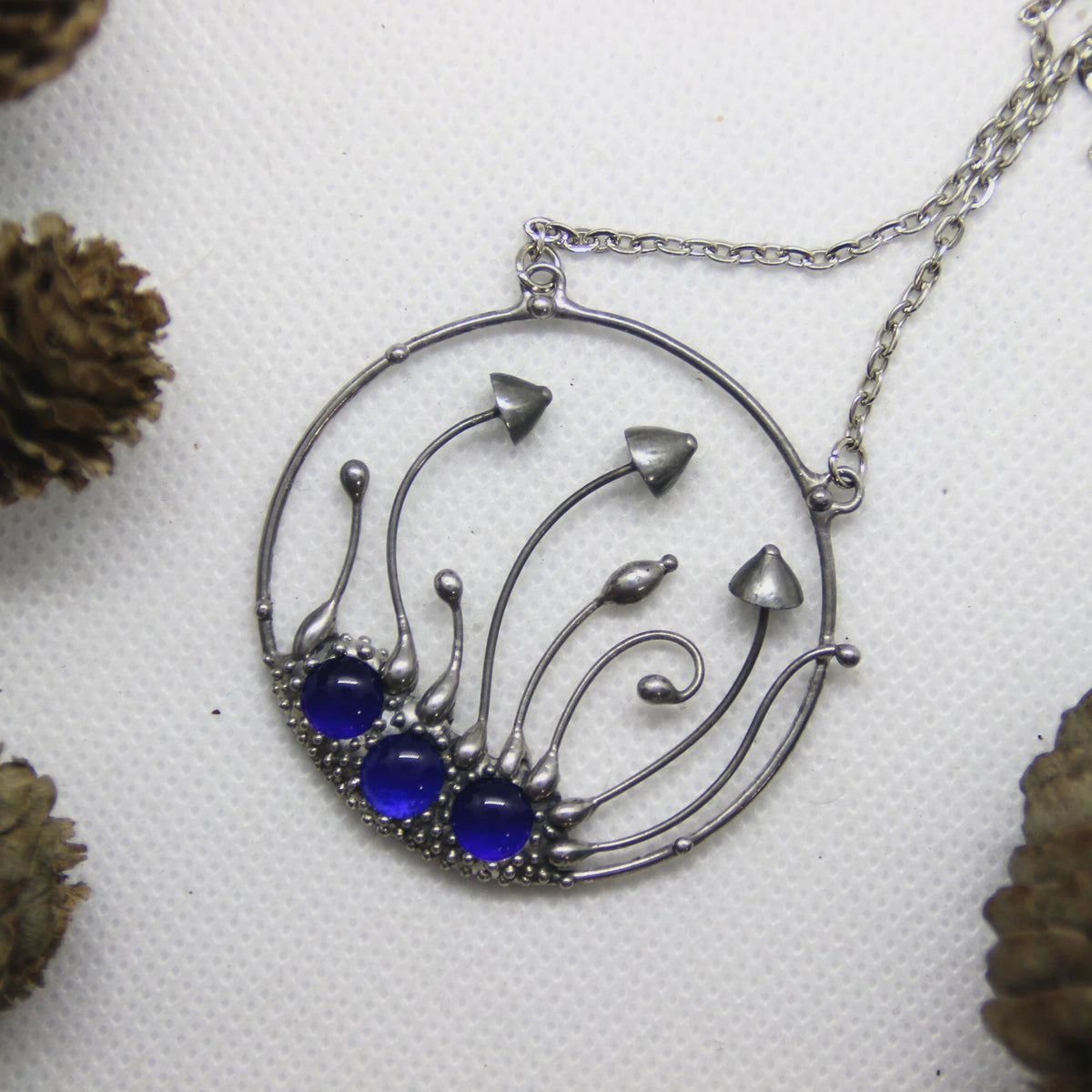 Cobalt Blue Glass Mushroom Necklace – Silver Tone