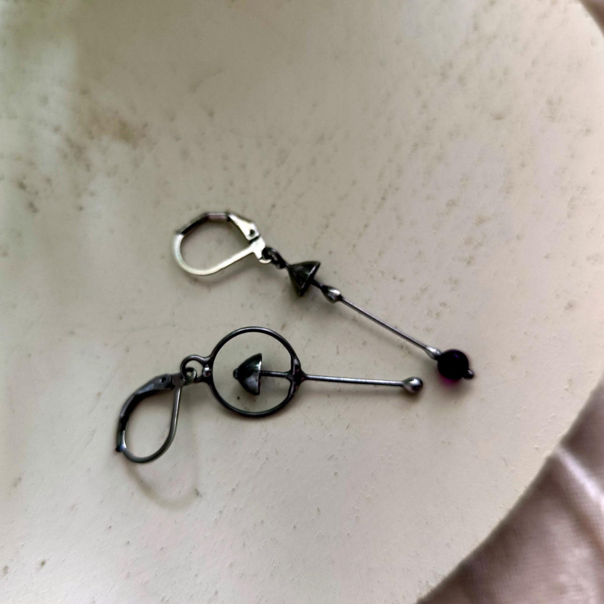 Purple Agate Mushroom Asymmetrical Earrings – Silver Tone