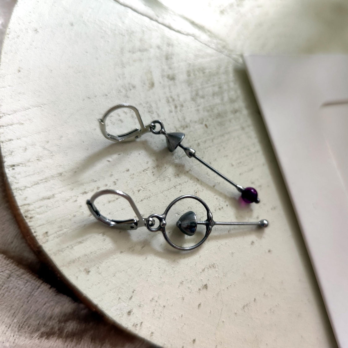 Purple Agate Mushroom Asymmetrical Earrings – Silver Tone