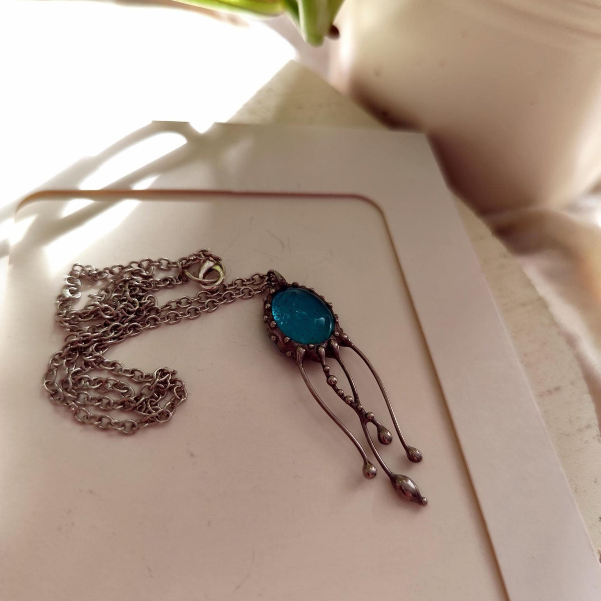 Blue Stained Glass Jellyfish Necklace – Silver Tone