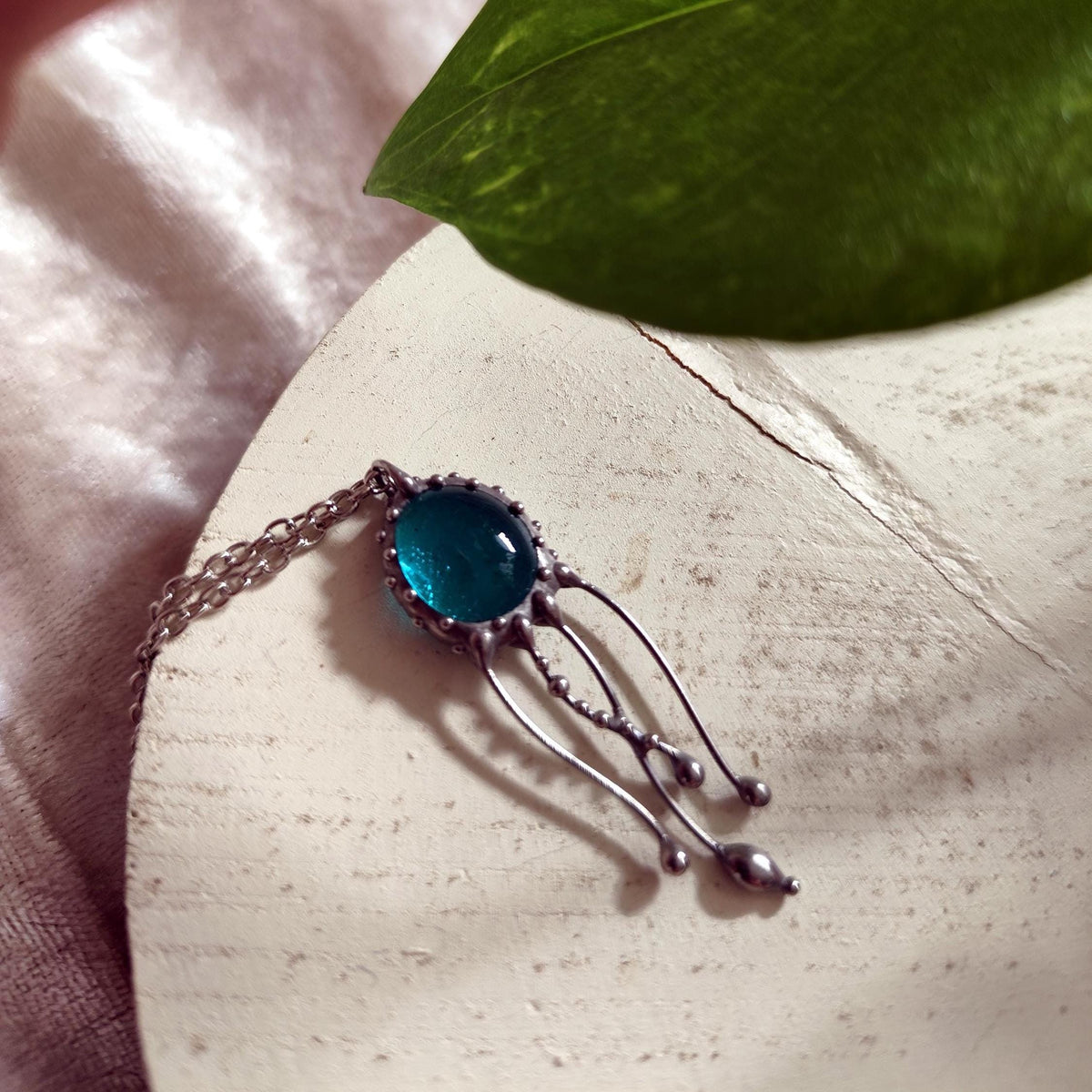 Blue Stained Glass Jellyfish Necklace – Silver Tone