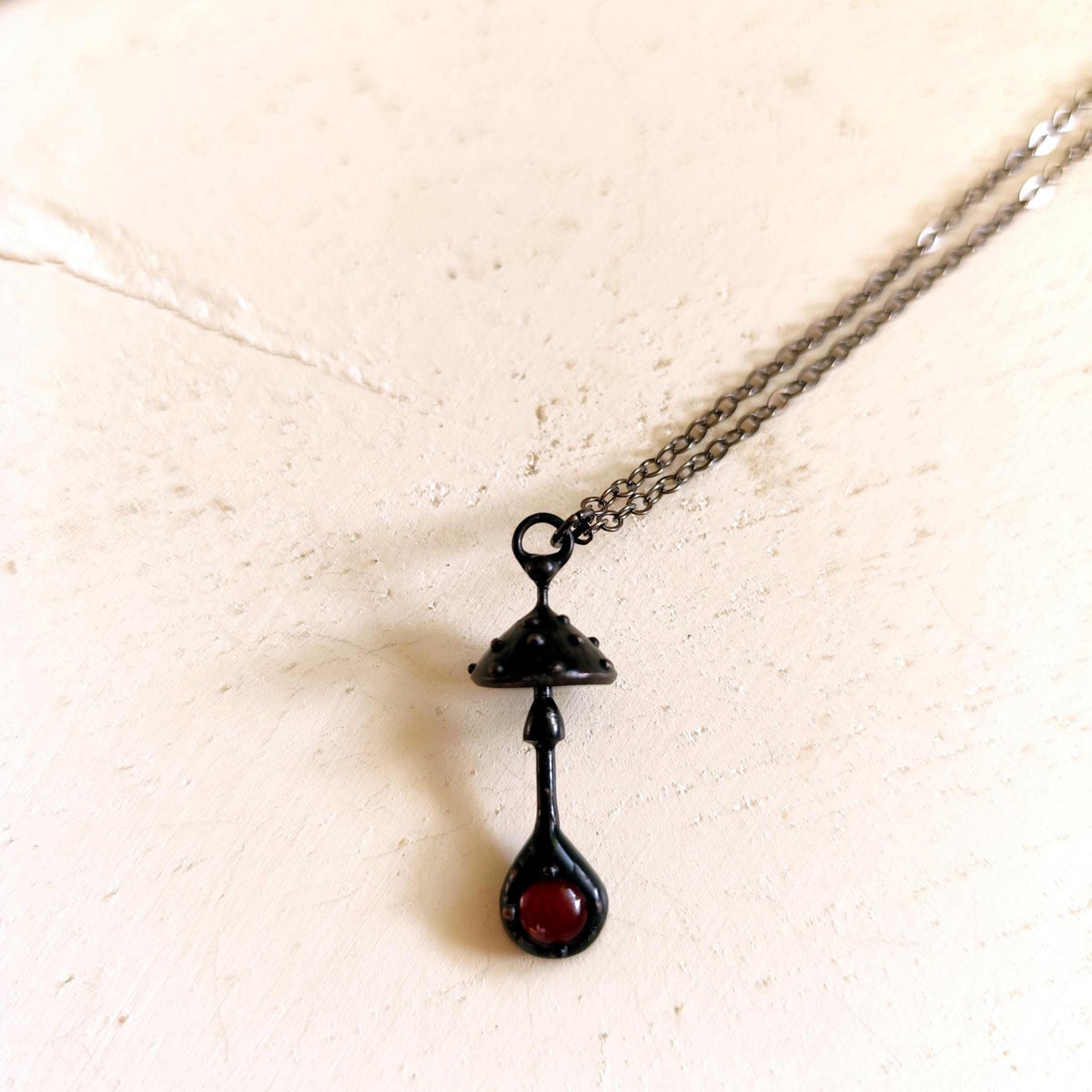 Red Glass Amanita Mushroom Necklace – Blackened Copper & Pewter Forest