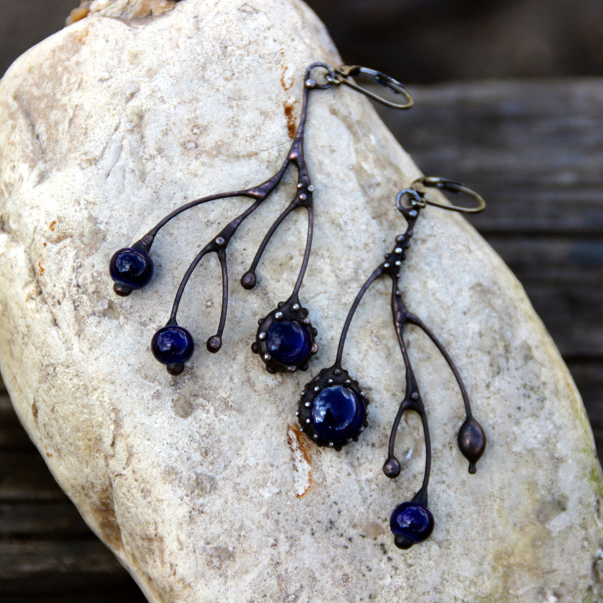 Cobalt Blue Glass Branch Earrings – Blackened Copper Asymmetrical Dangles – Botanical