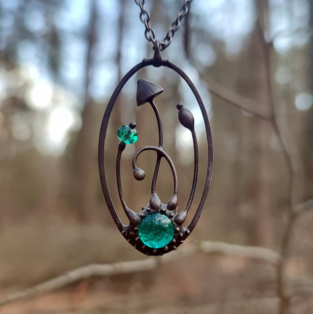 Green Glass Mushroom Necklace – Blackened Copper Oval Forest Pendant – Magic Mushroom