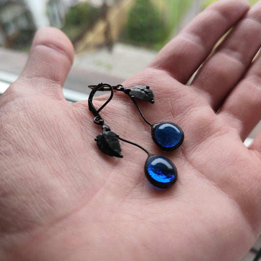 Blue Glass Cherry Earrings – Blackened Copper