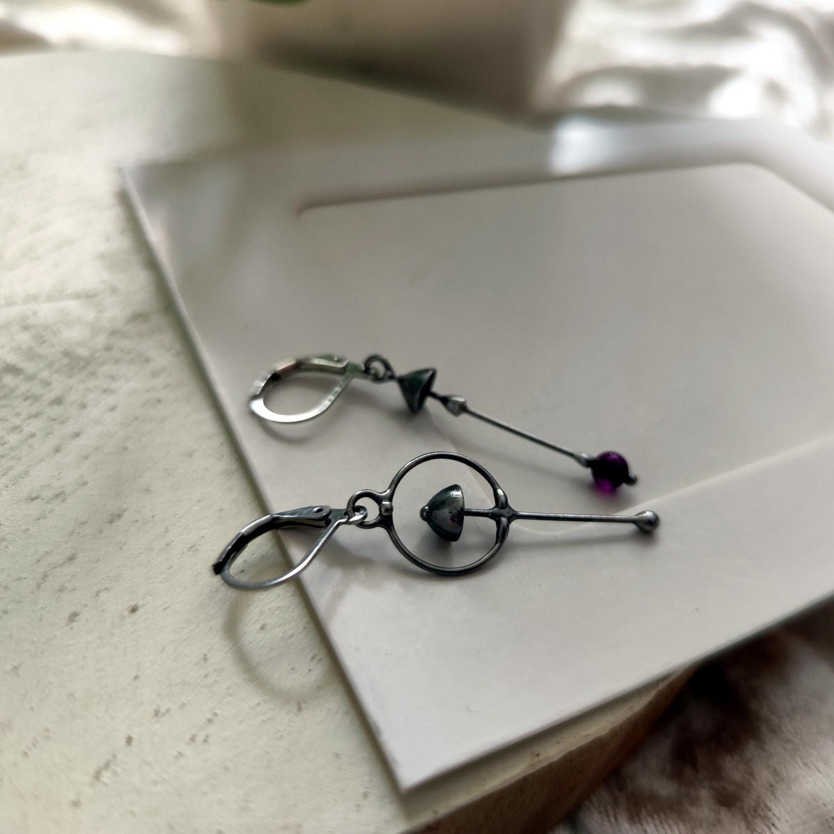 Purple Agate Mushroom Asymmetrical Earrings – Silver Tone