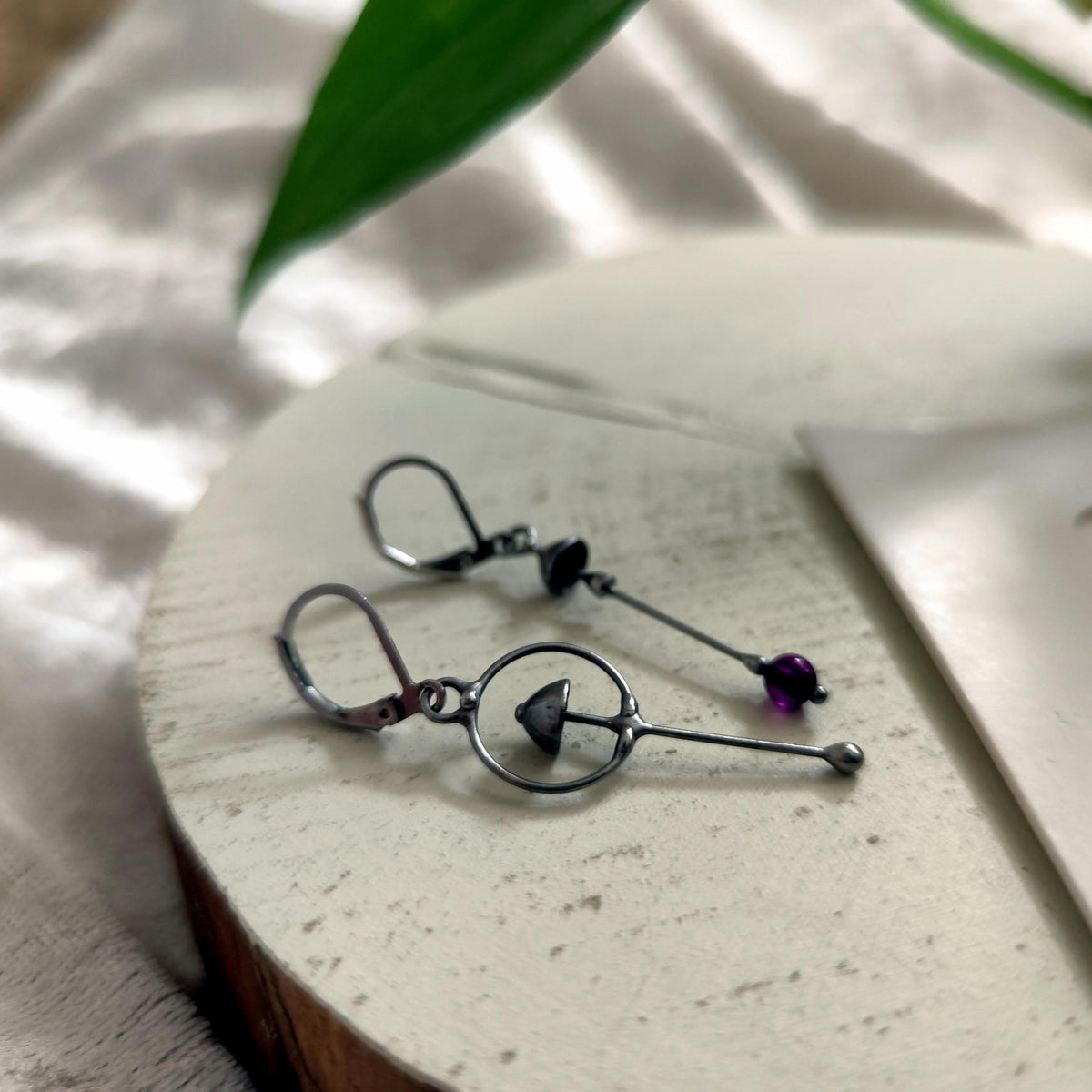 Purple Agate Mushroom Asymmetrical Earrings – Silver Tone