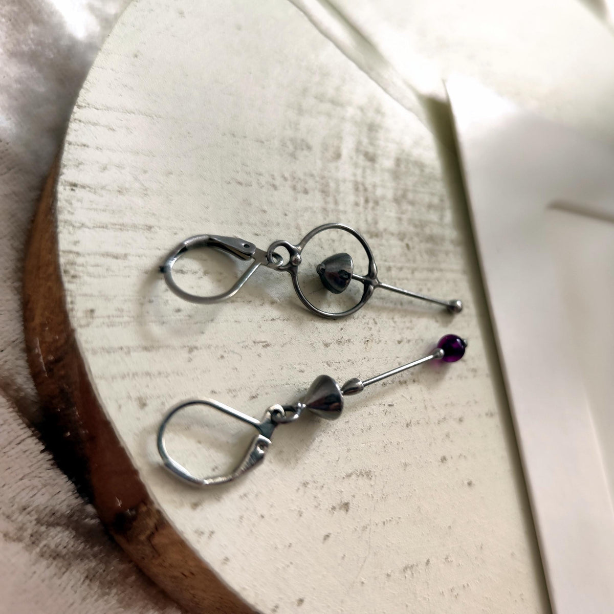 Purple Agate Mushroom Asymmetrical Earrings – Silver Tone