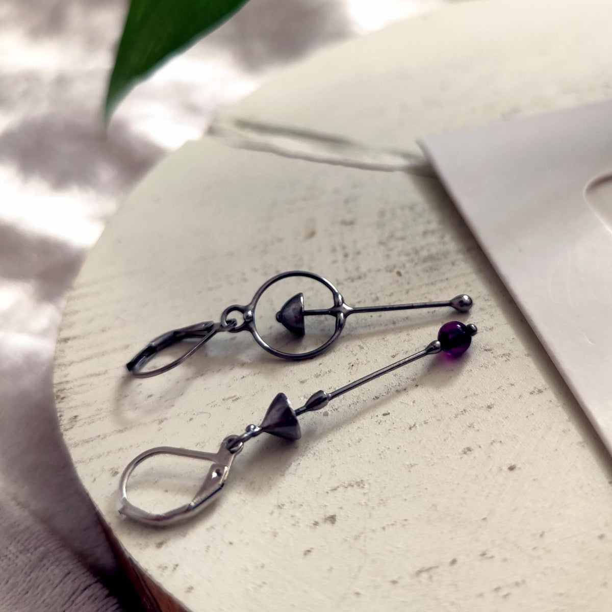 Purple Agate Mushroom Asymmetrical Earrings – Silver Tone