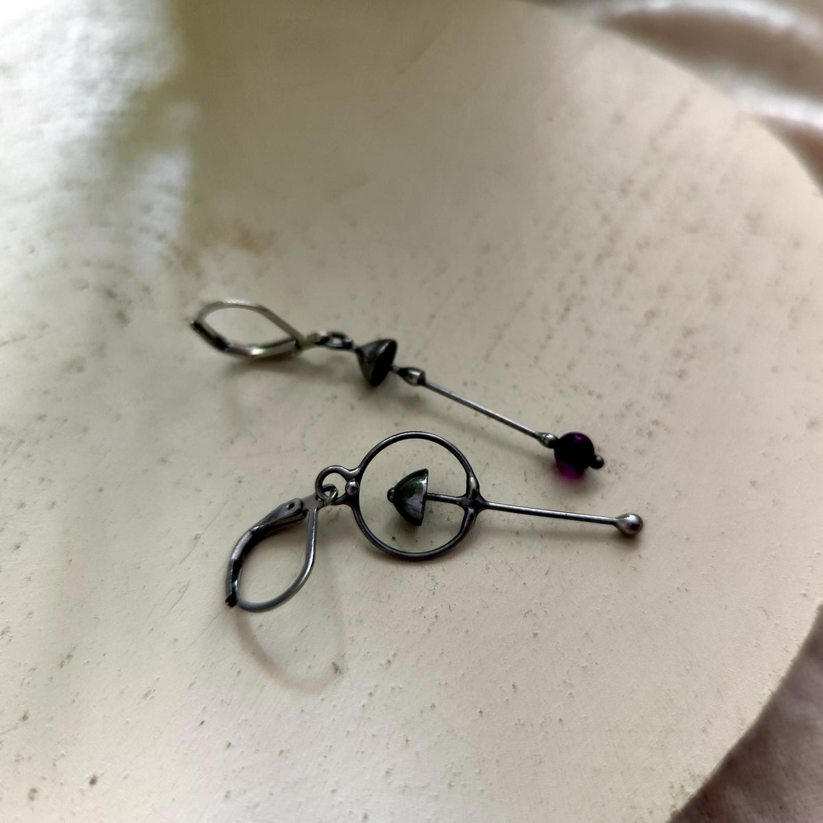 Purple Agate Mushroom Asymmetrical Earrings – Silver Tone