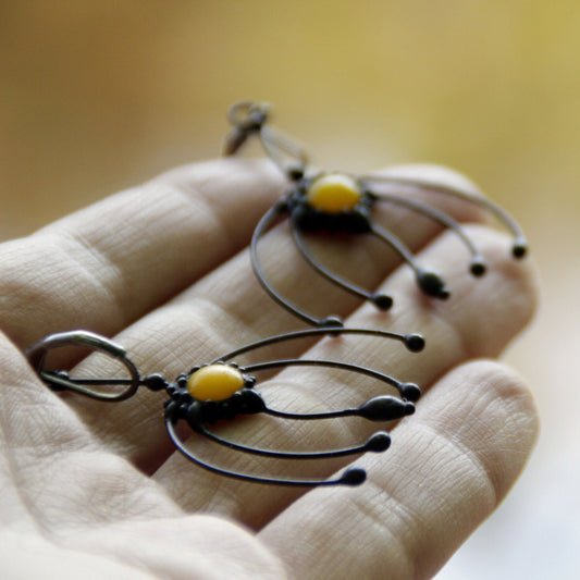 Yellow Glass Flower Earrings – Blackened Copper Floral Dangles – Boho Botanical