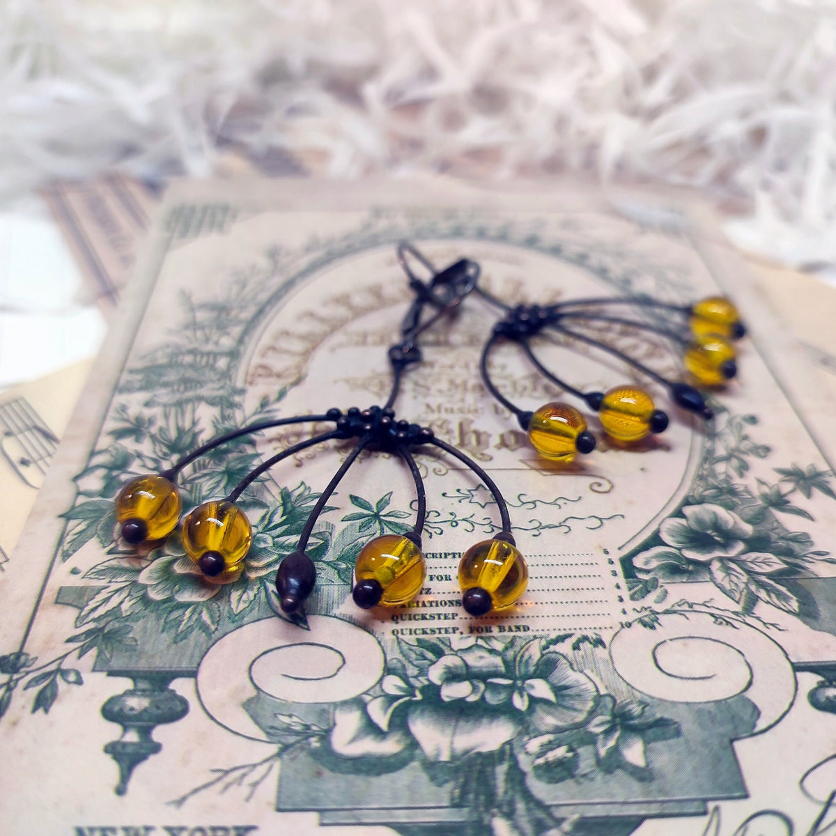 Yellow Glass Flower Earrings – Blackened Copper Botanical Dangles – Boho Forest