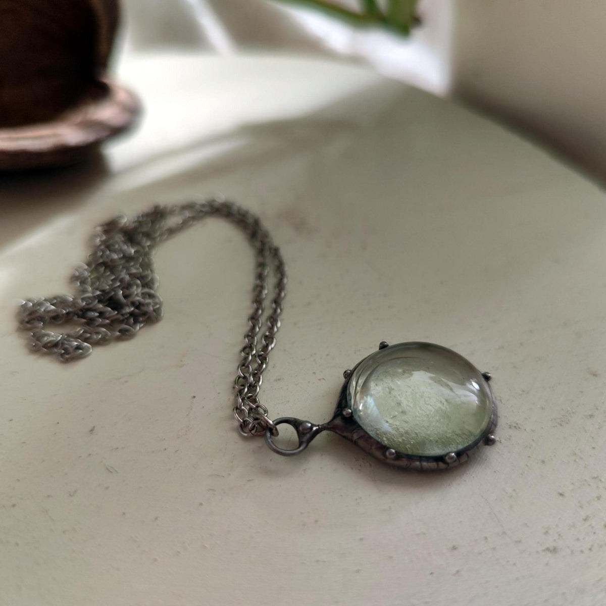 Clear Glass Circle Pendant Necklace – Silver Tone