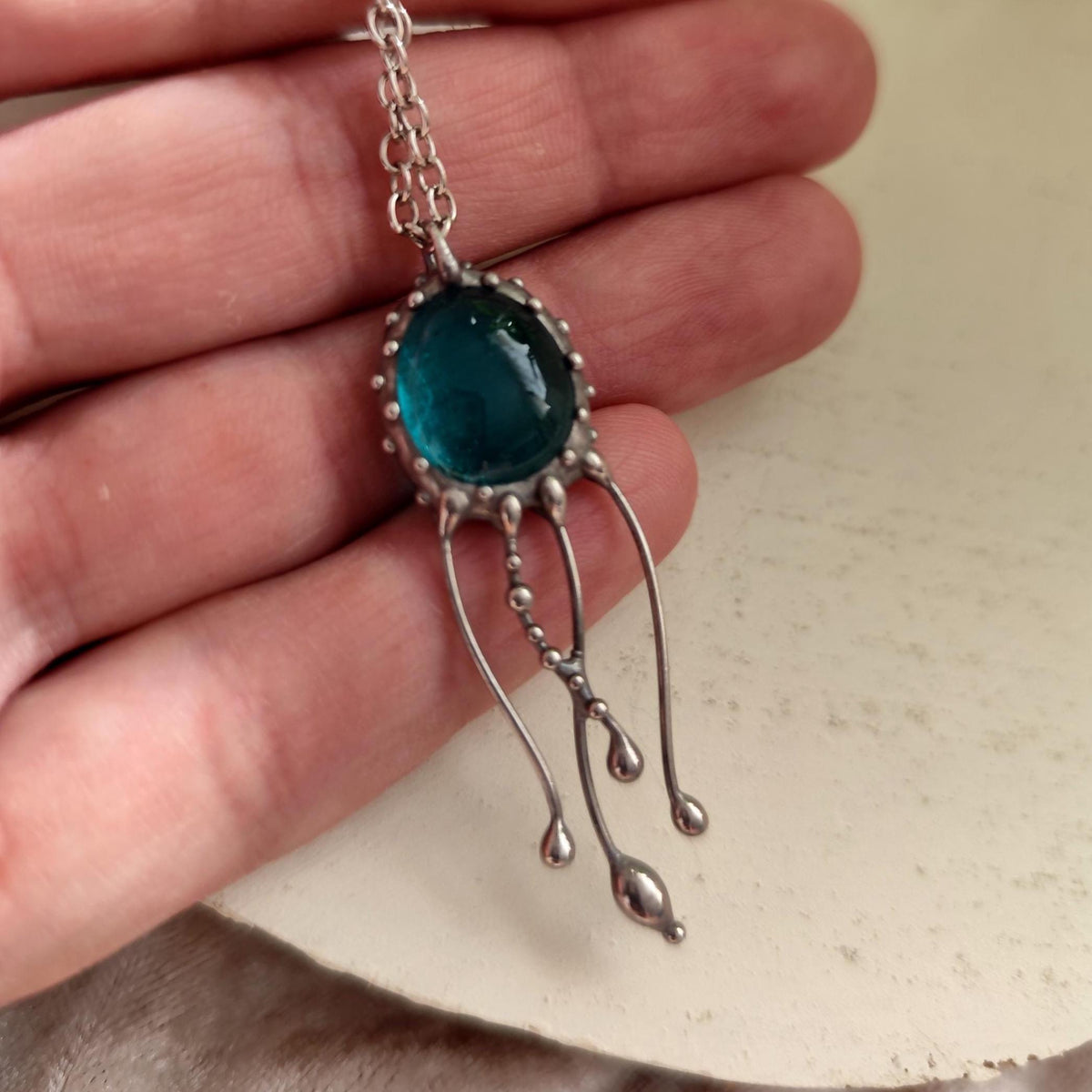 Blue Stained Glass Jellyfish Necklace – Silver Tone