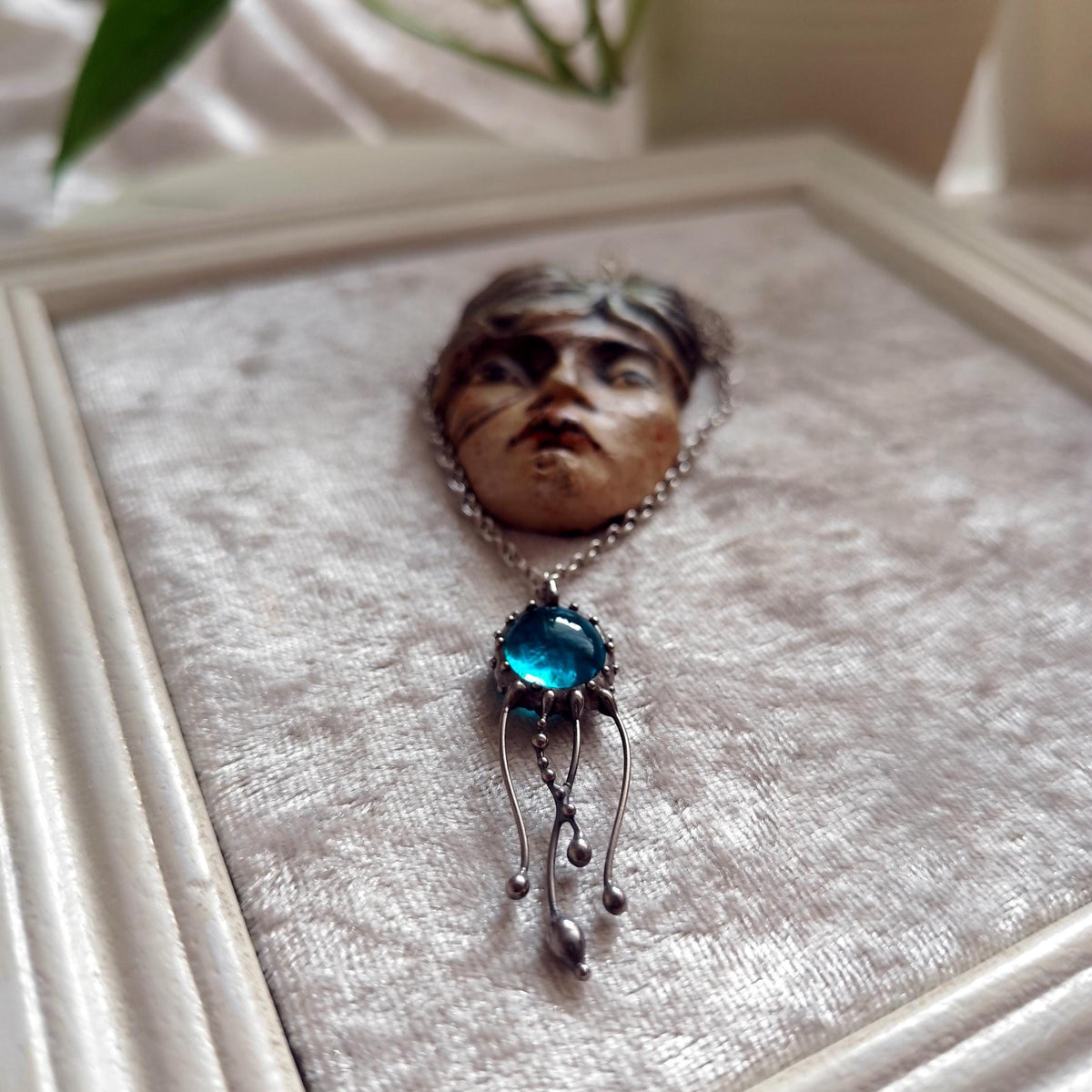 Blue Stained Glass Jellyfish Necklace – Silver Tone