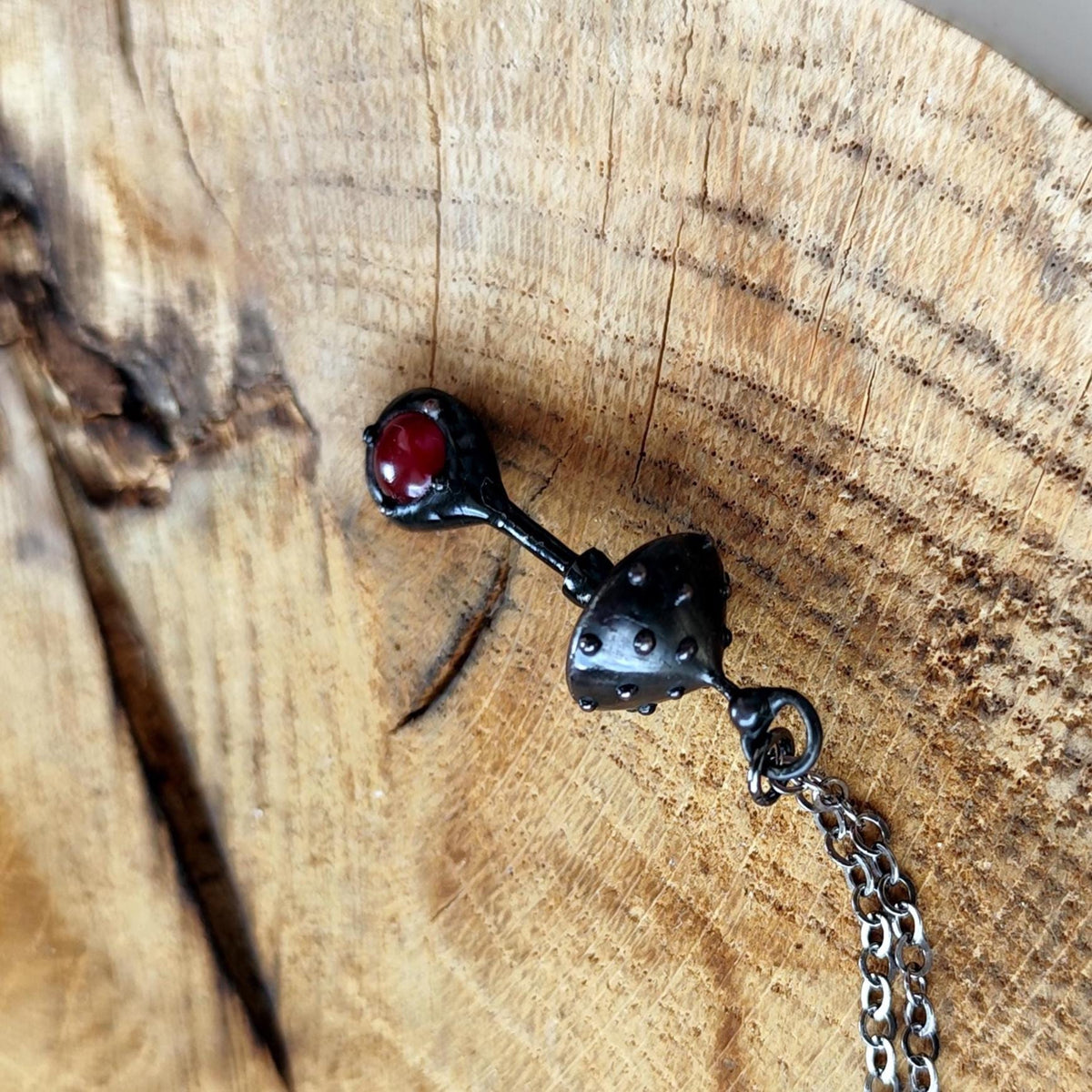 Red Glass Amanita Mushroom Necklace – Blackened Copper & Pewter Forest