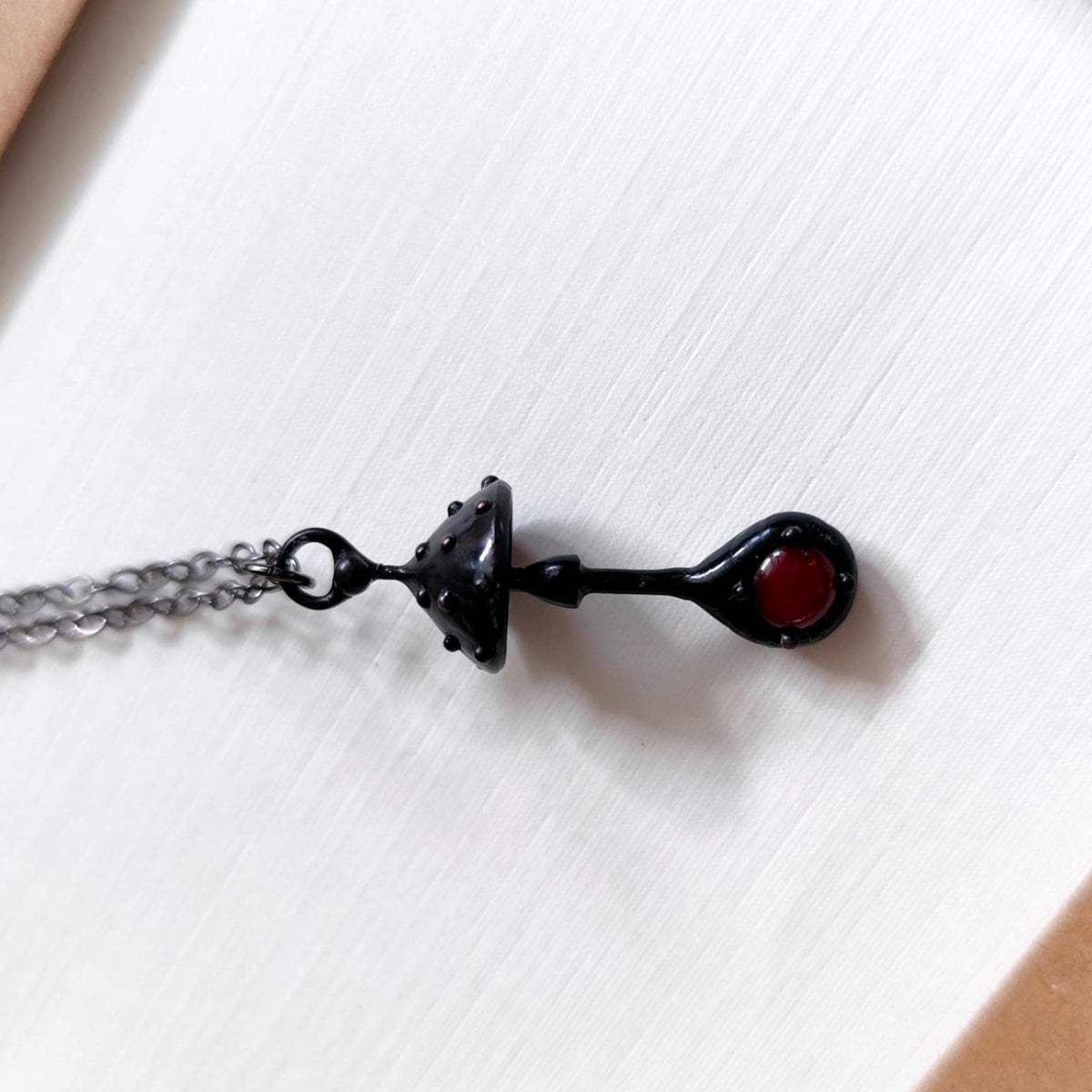Red Glass Amanita Mushroom Necklace – Blackened Copper & Pewter Forest