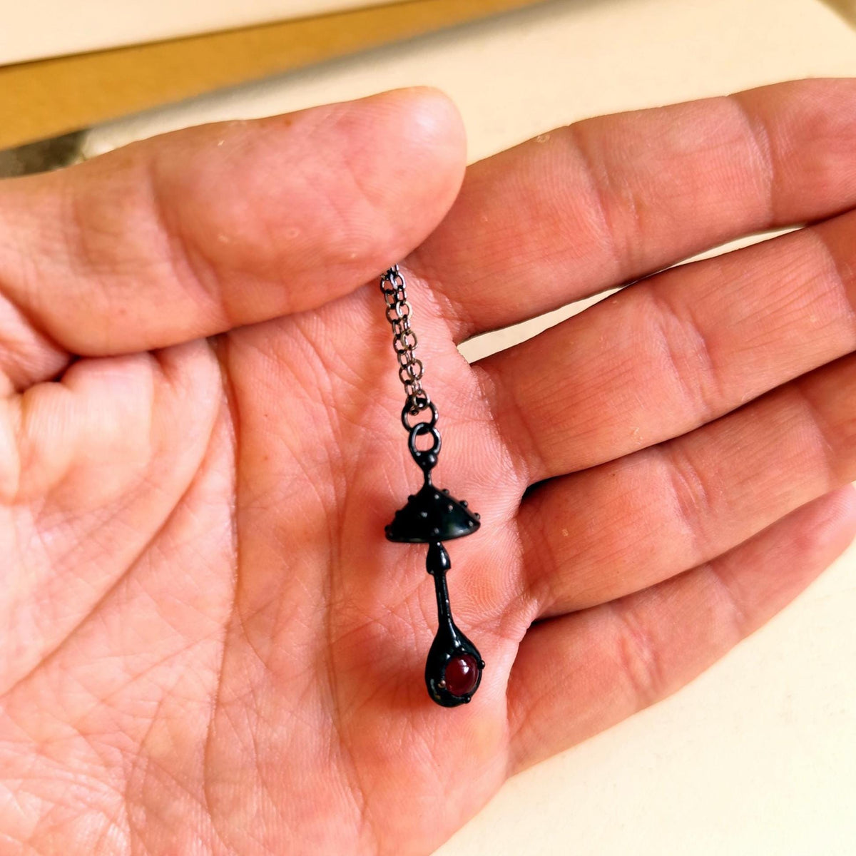 Red Glass Amanita Mushroom Necklace – Blackened Copper & Pewter Forest