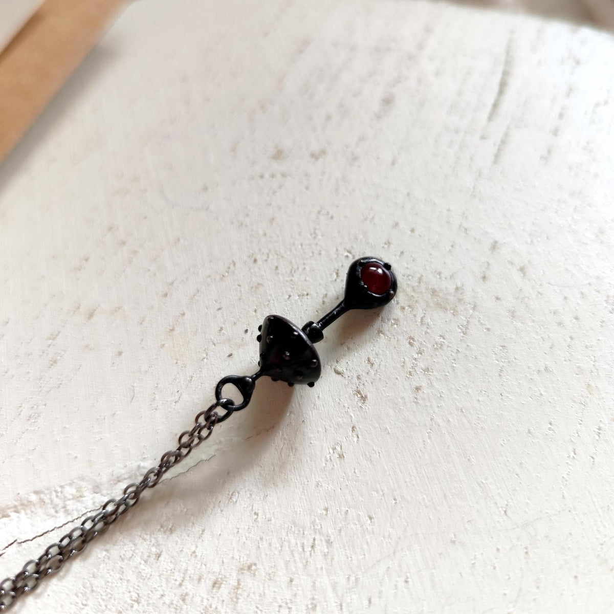 Red Glass Amanita Mushroom Necklace – Blackened Copper & Pewter Forest