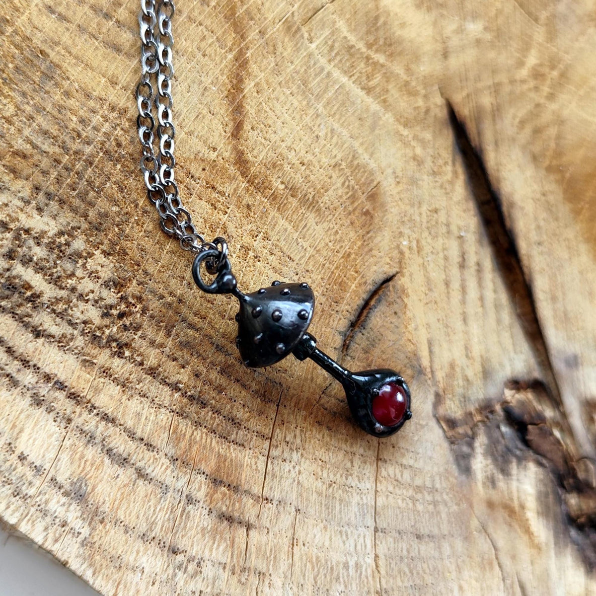 Red Glass Amanita Mushroom Necklace – Blackened Copper & Pewter Forest