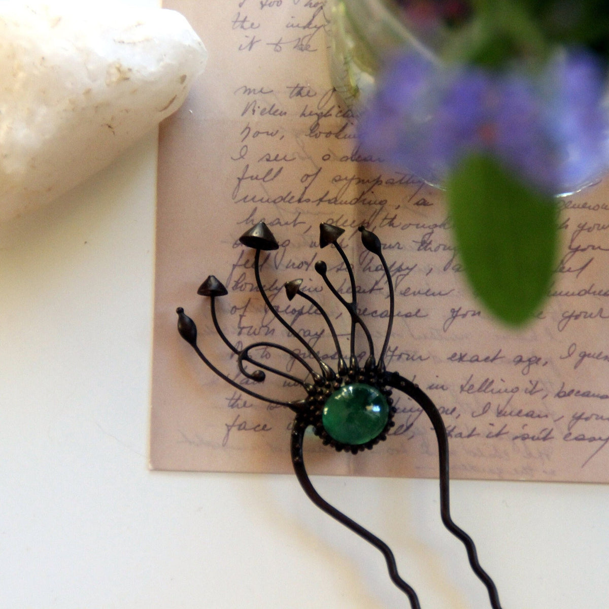 Green Glass Mushroom Hair Pin – Blackened Copper Forest Hair Fork – Witchy Botanical