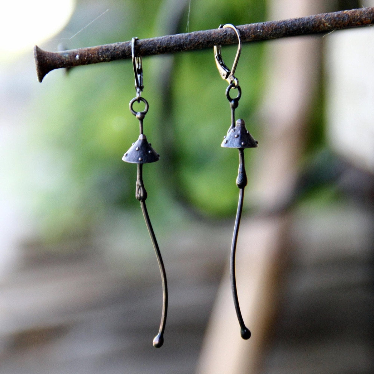 Black Amanita Extra Long Stem Earrings – Copper & Pewter