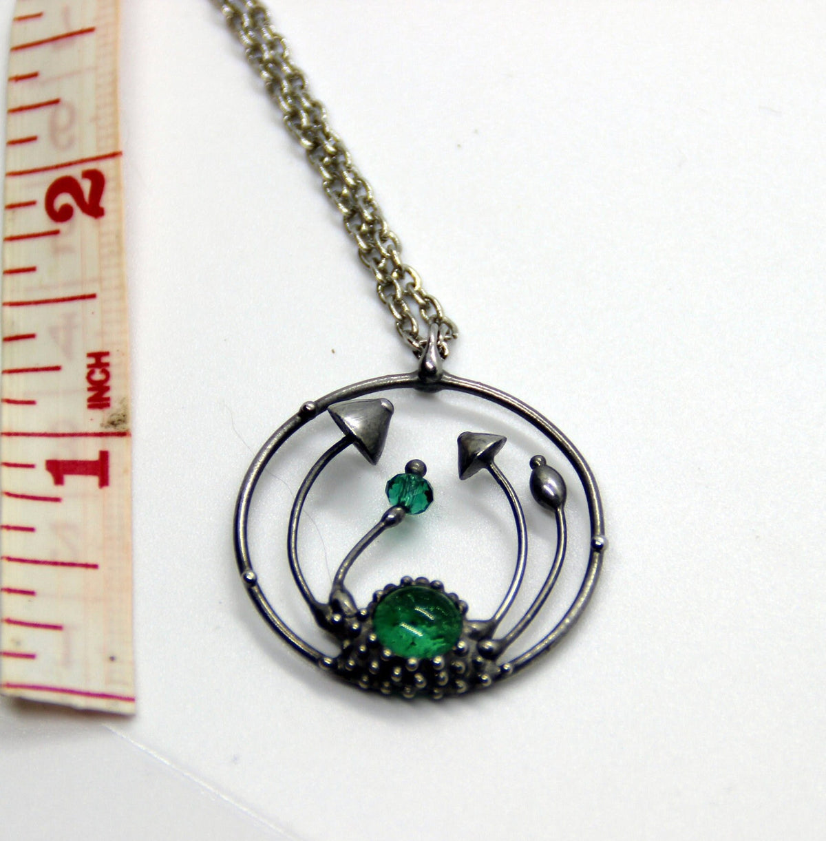 Green Glass Mushroom Necklace – Silver Tone Forest Pendant – Botanical Art Nouveau