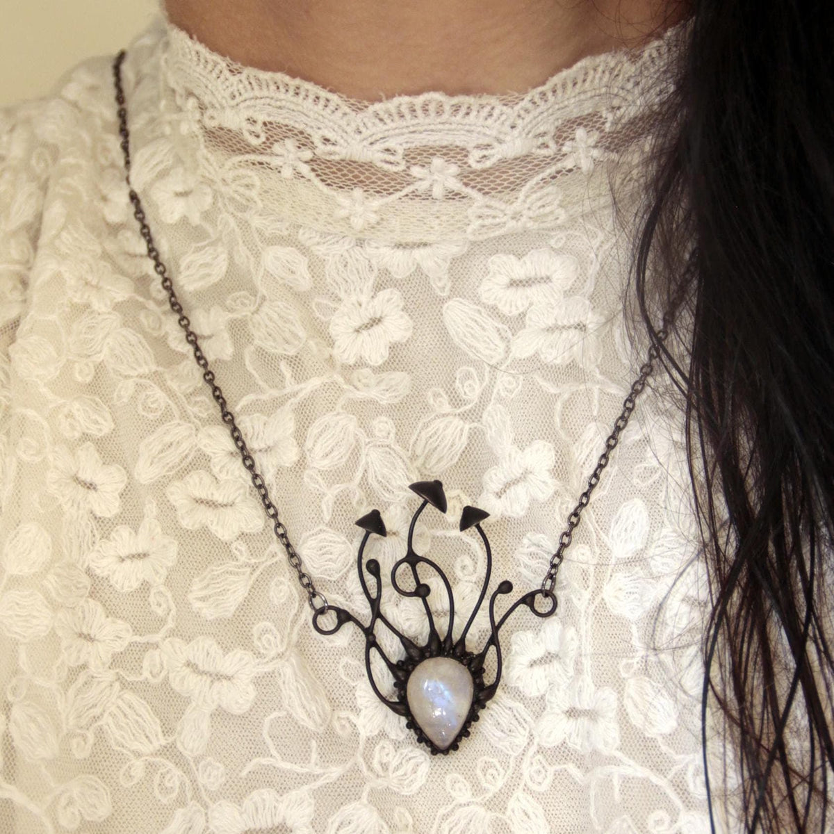 Moonstone Mushroom Cluster Necklace – Blackened Copper