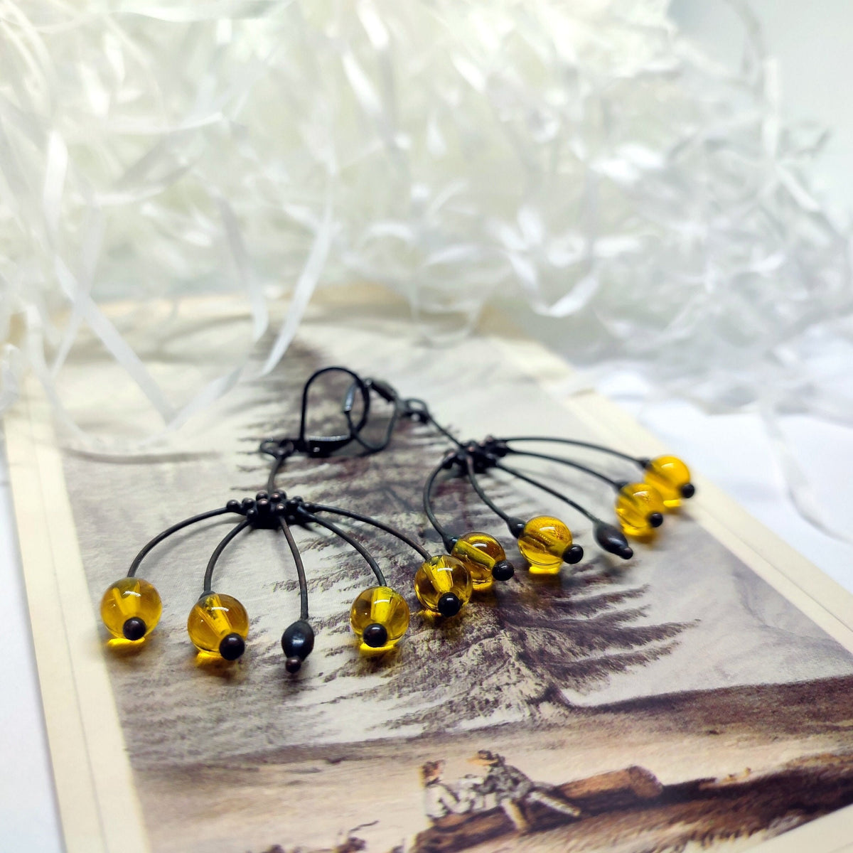 Yellow Glass Flower Earrings – Blackened Copper Botanical Dangles – Boho Forest