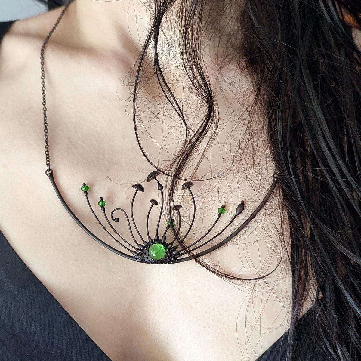 Green Glass Amanita Statement Necklace – Blackened Copper
