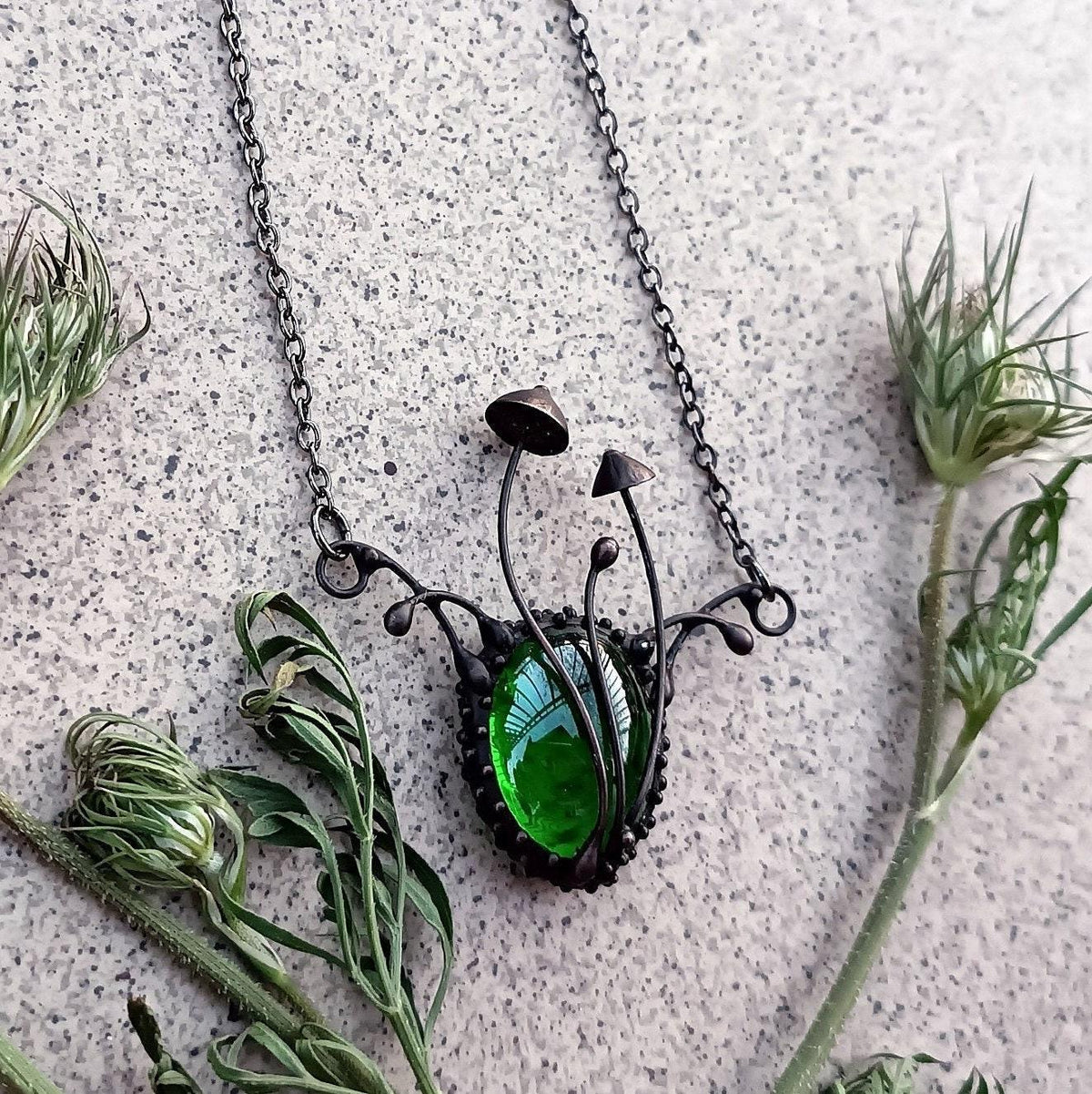 Green Glass Mushroom Necklace – Blackened Copper Forest Pendant – Botanical Fungi