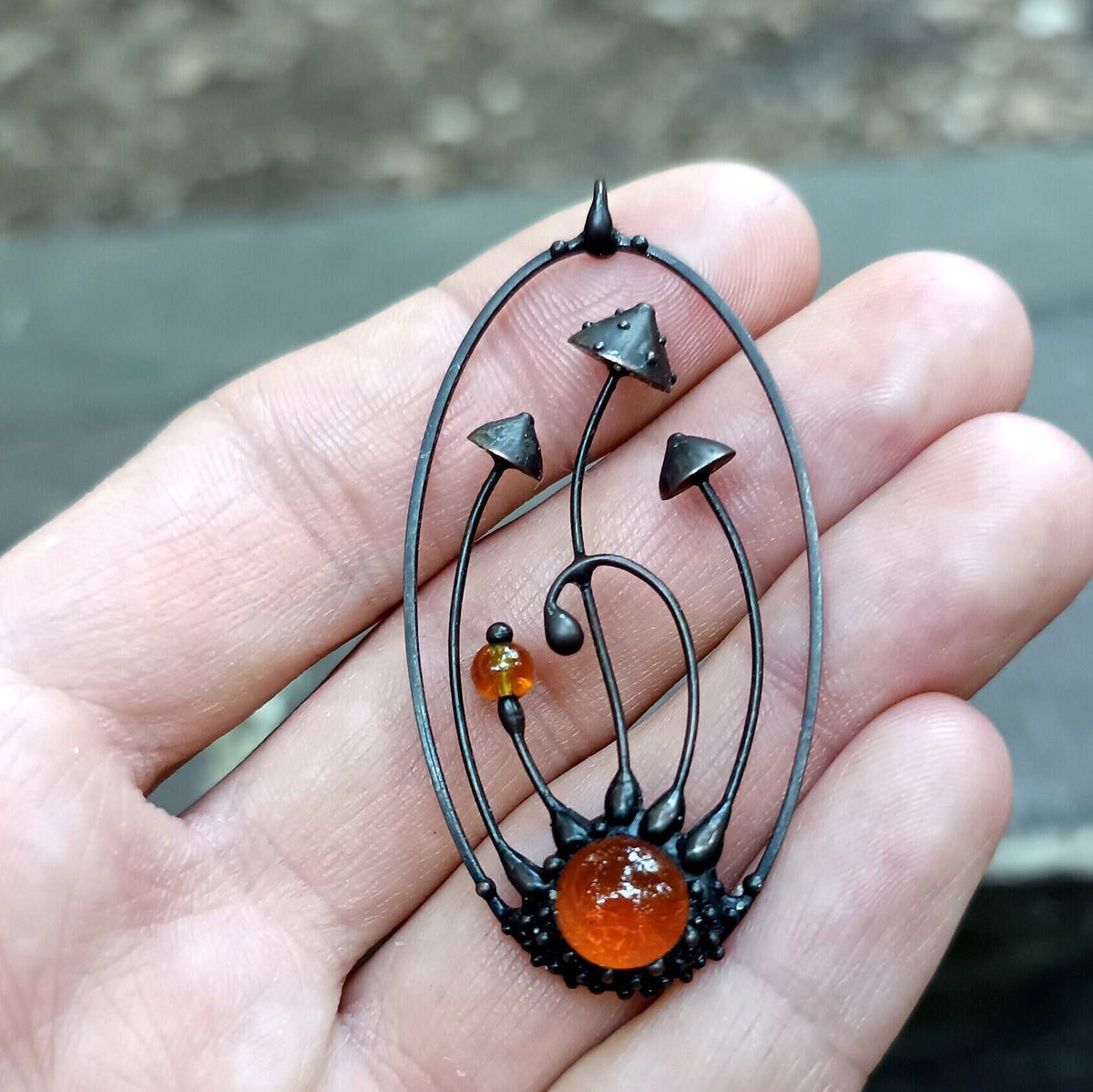 Amanita Mushroom Necklace – Red Orange Glass Pendant – Blackened Copper Oval Forest