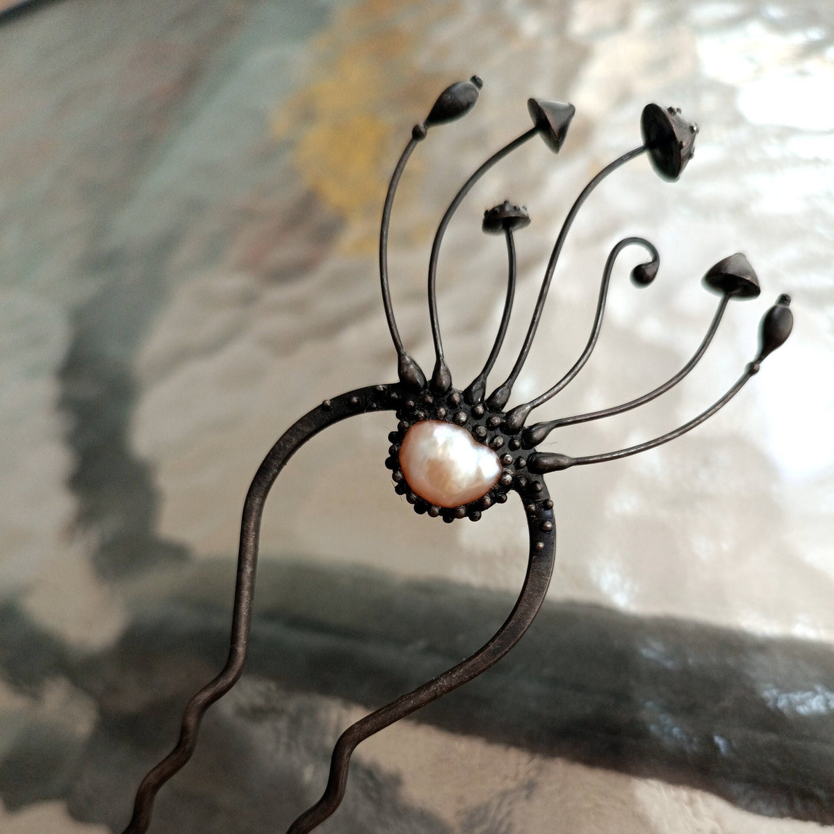 Pearl Amanita Mushroom Hair Pin – Blackened Copper