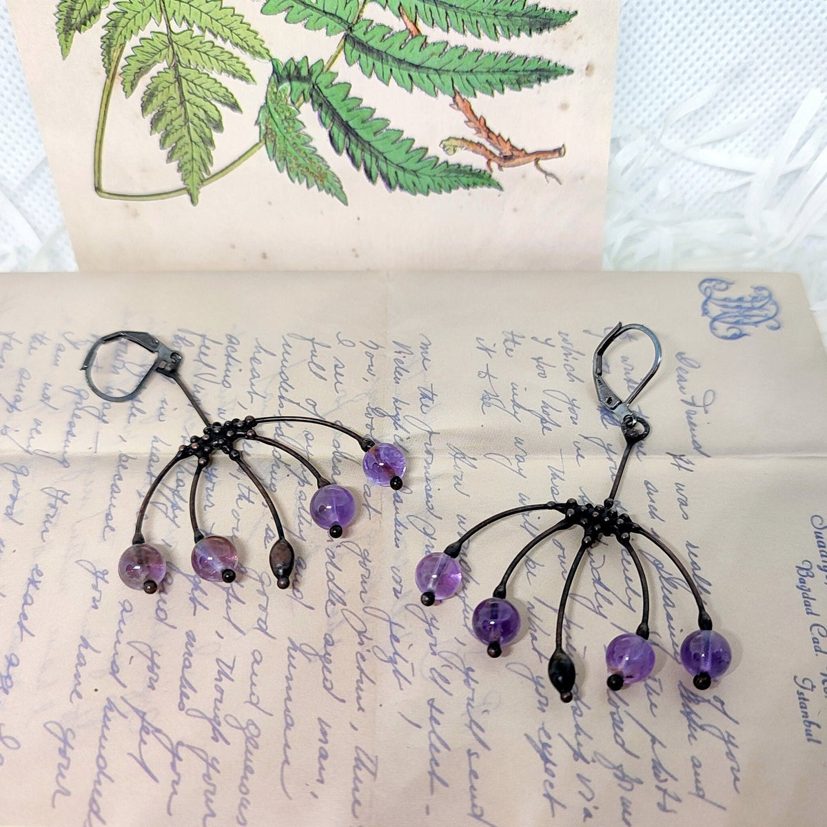 Purple Glass Botanical Earrings – Blackened Copper