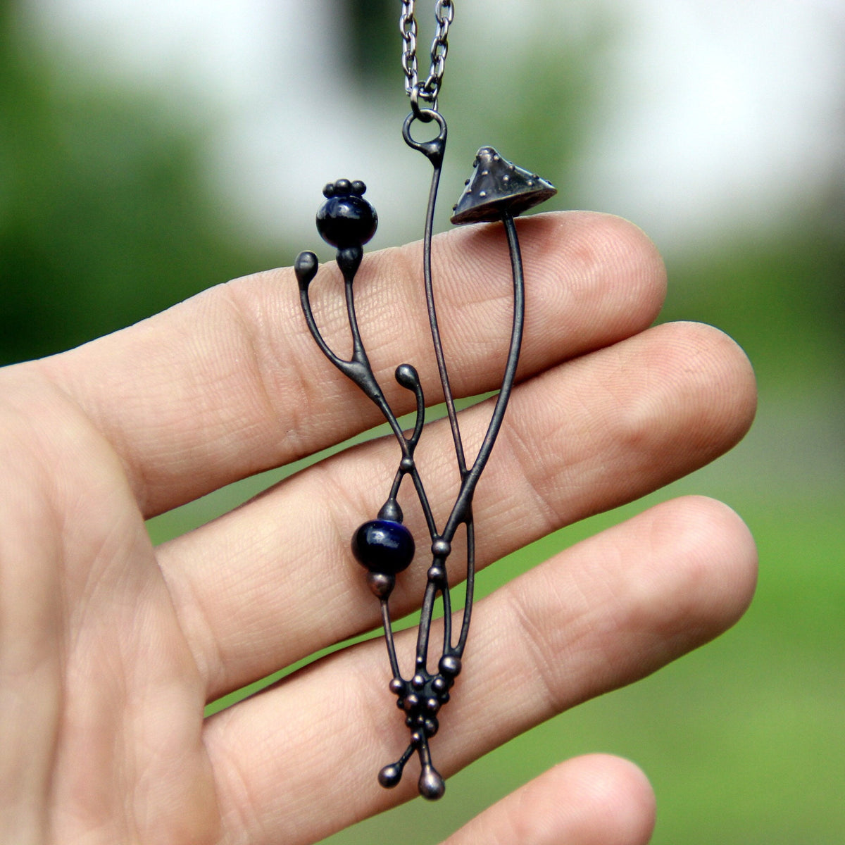 Blue Ceramic Amanita Mushroom Necklace – Blackened Copper
