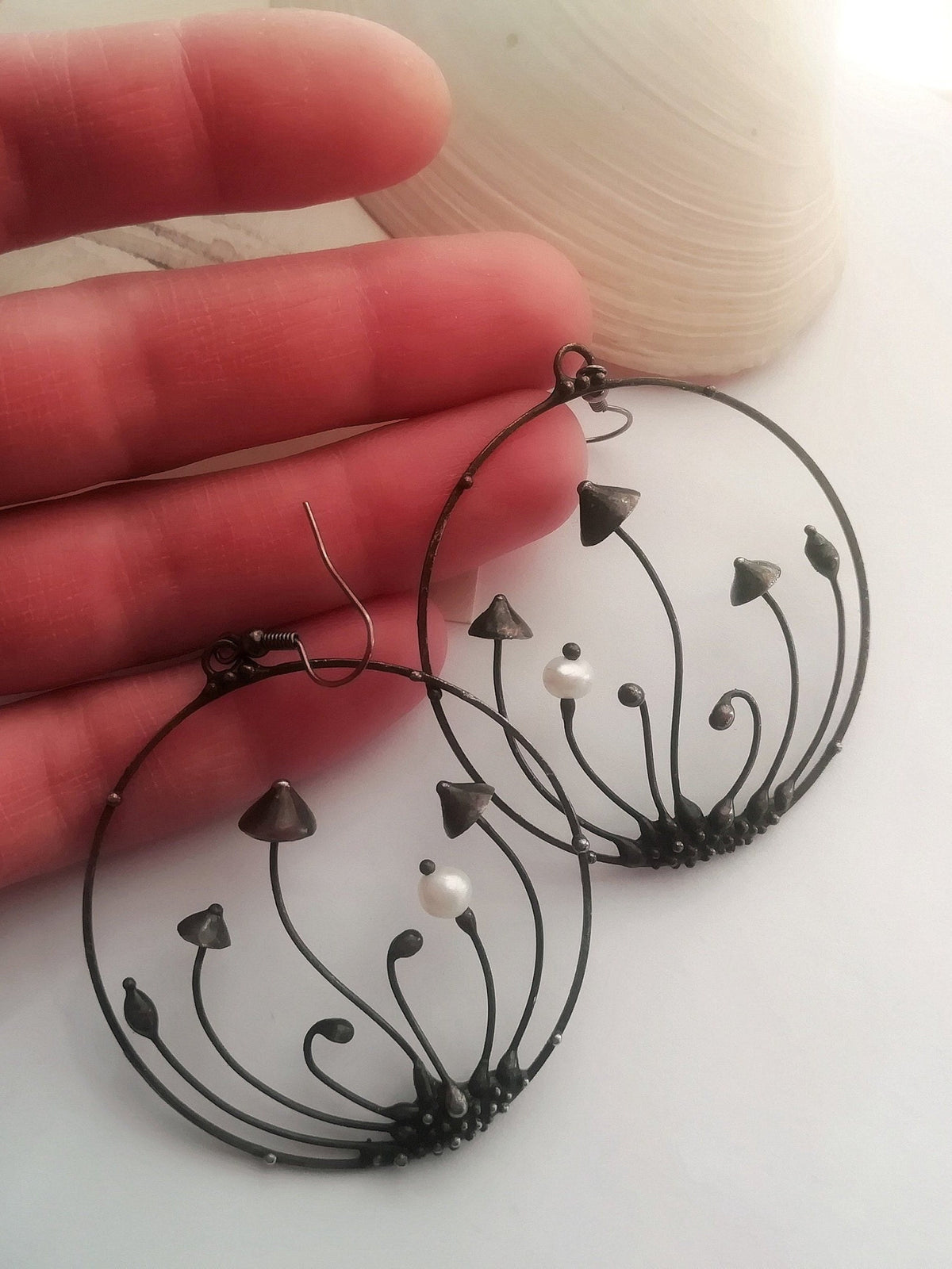 Pearl Mushroom Hoop Earrings – Blackened Copper Round Forest Dangles – Botanical