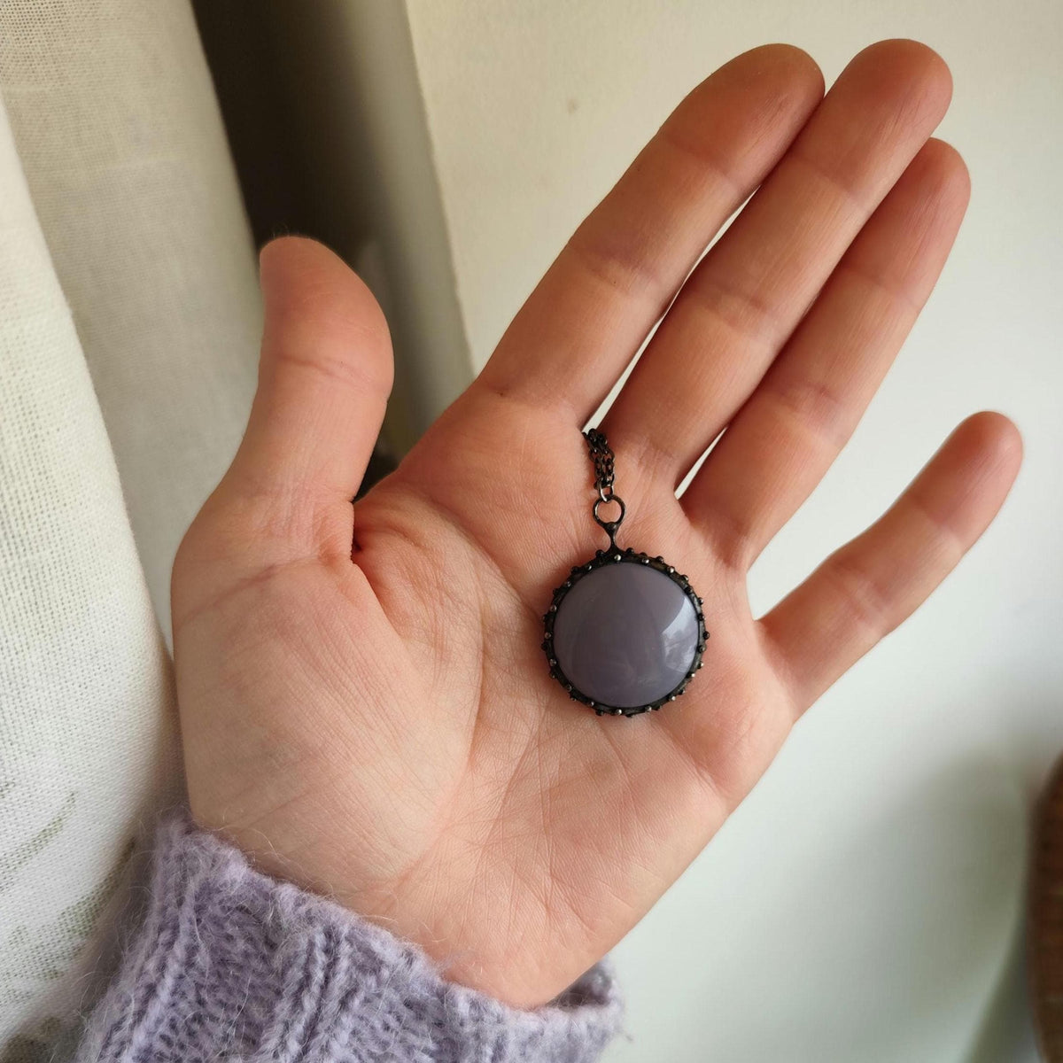 Purple Glass Circle Pendant Necklace – Blackened Copper