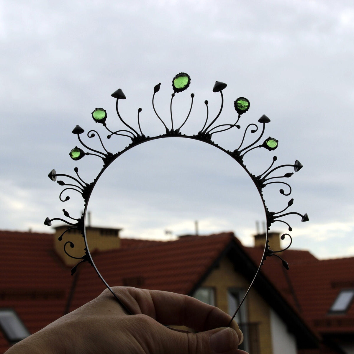 Black Mushroom Crown with Green Glass