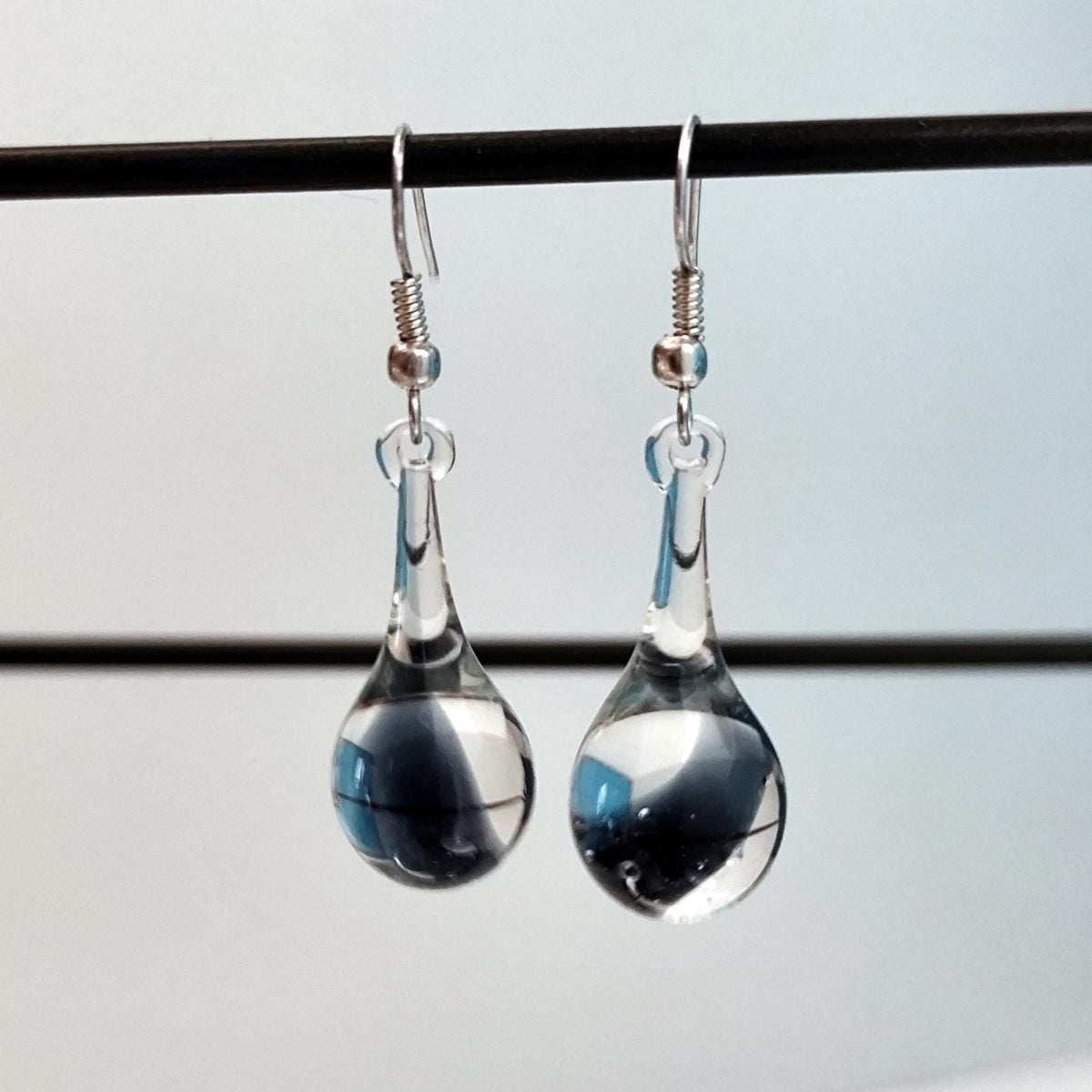 Handblown Blue and Clear Glass Teardrop Earrings