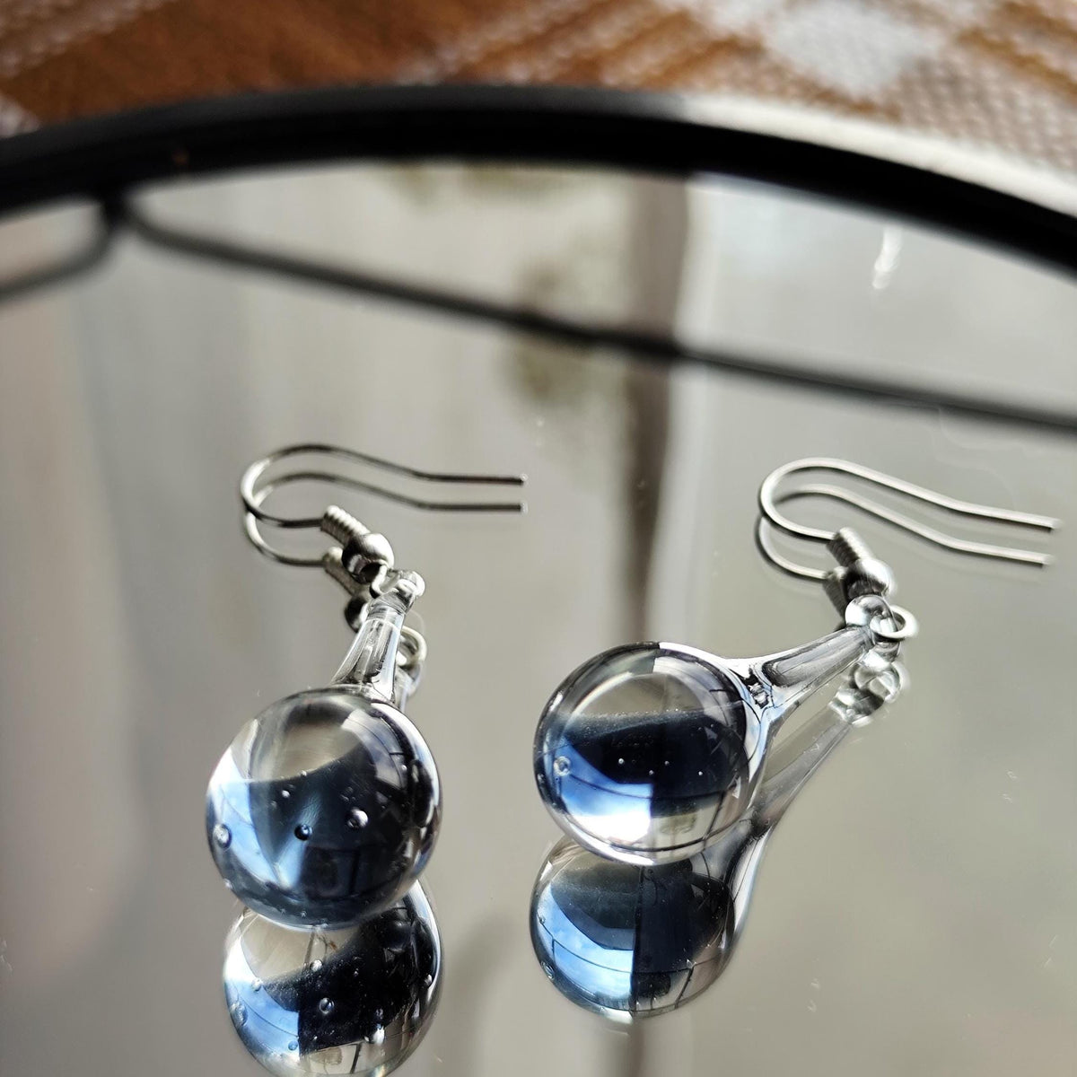 Handblown Blue and Clear Glass Teardrop Earrings