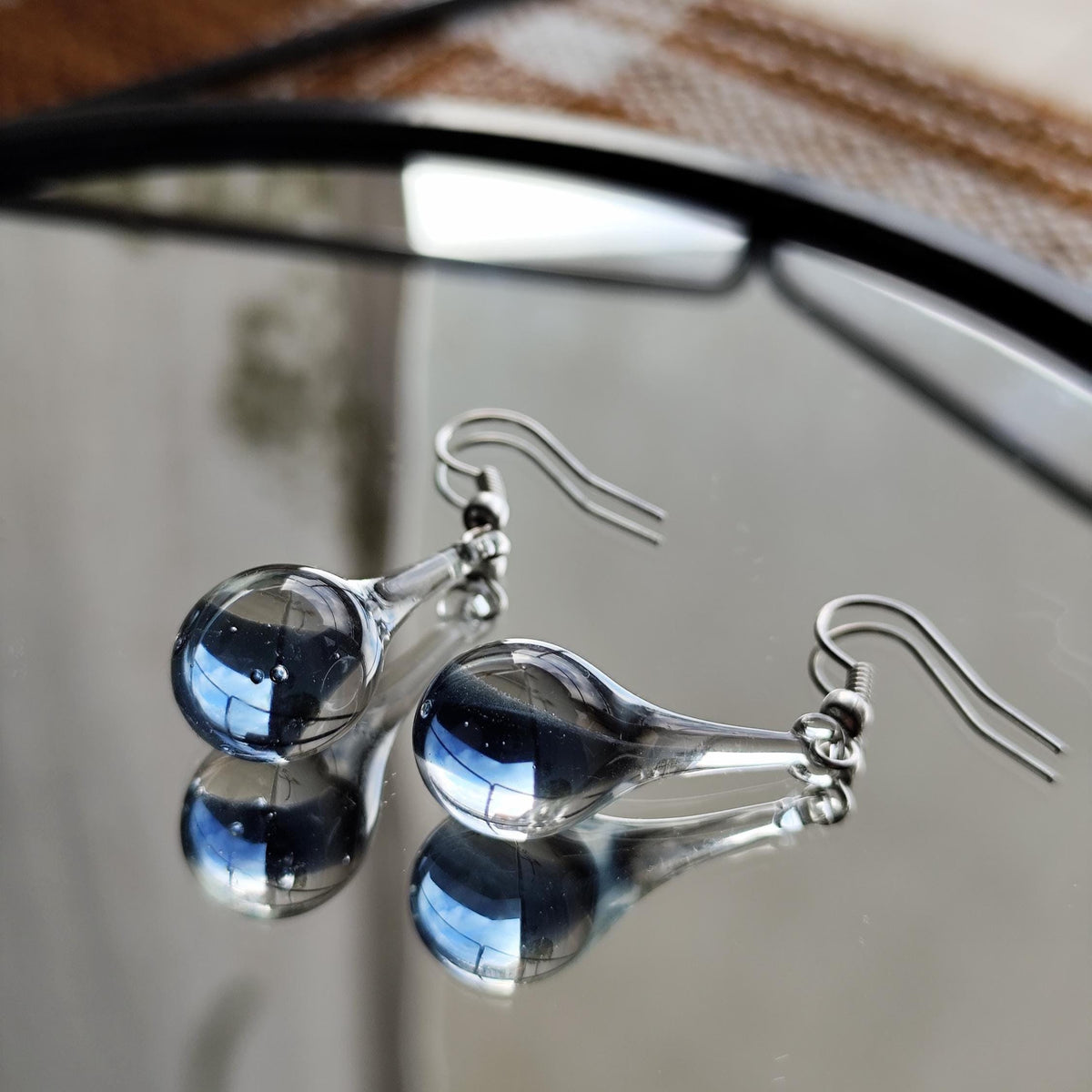 Handblown Blue and Clear Glass Teardrop Earrings