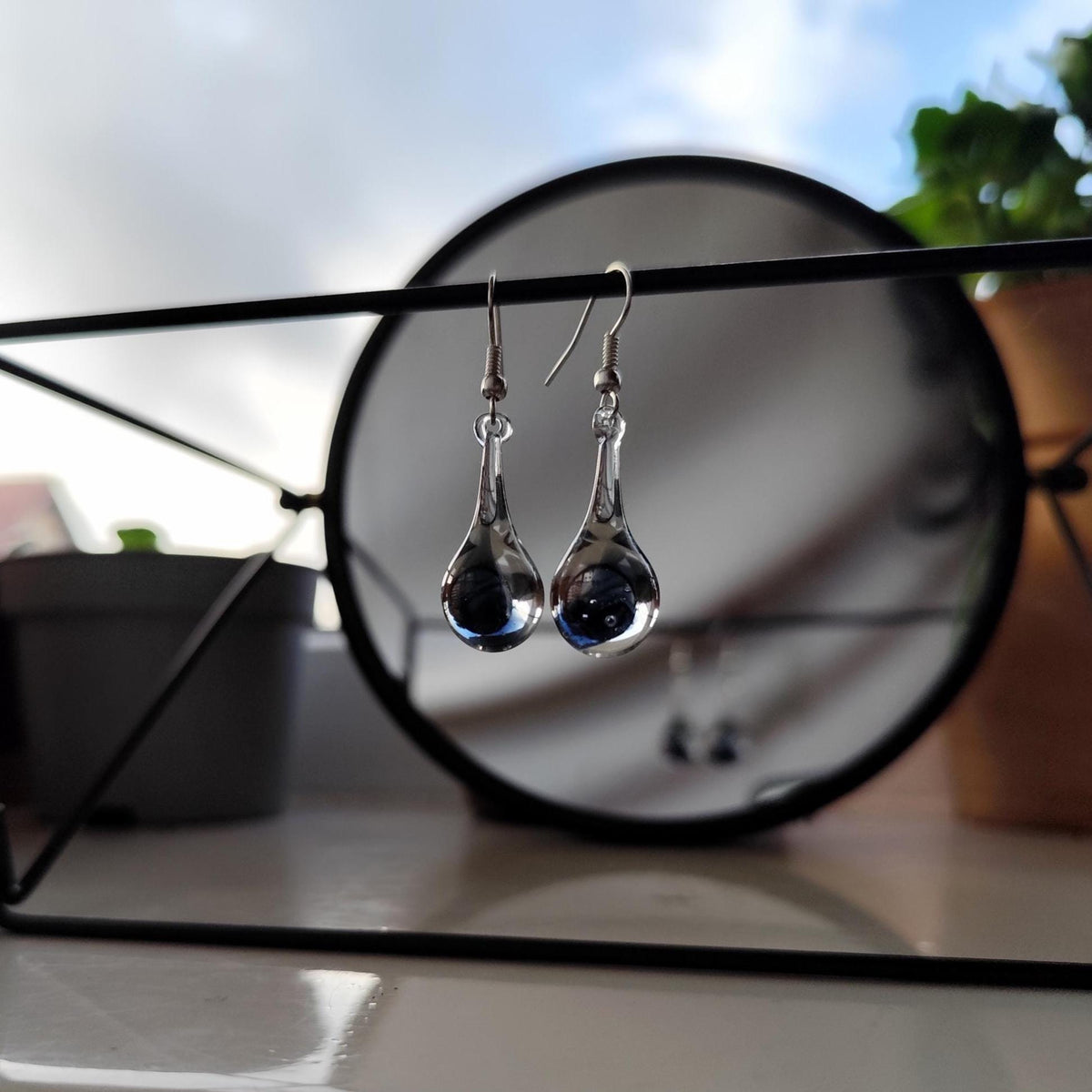 Handblown Blue and Clear Glass Teardrop Earrings